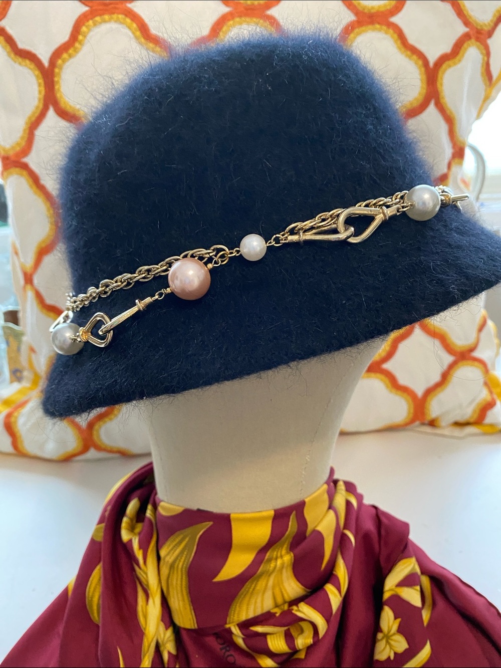 Pearled and chained Fuzzy Black Bucket hat